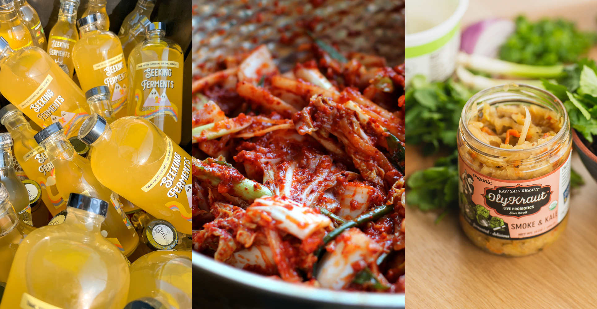Three images of gut-friendly foods, kombucha, kimchee, and sauerkraut.