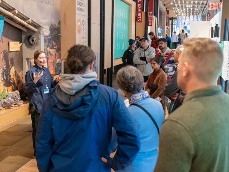 Staff members leads a tour discussing the importance of mosquito nets in protecting from NTDs.